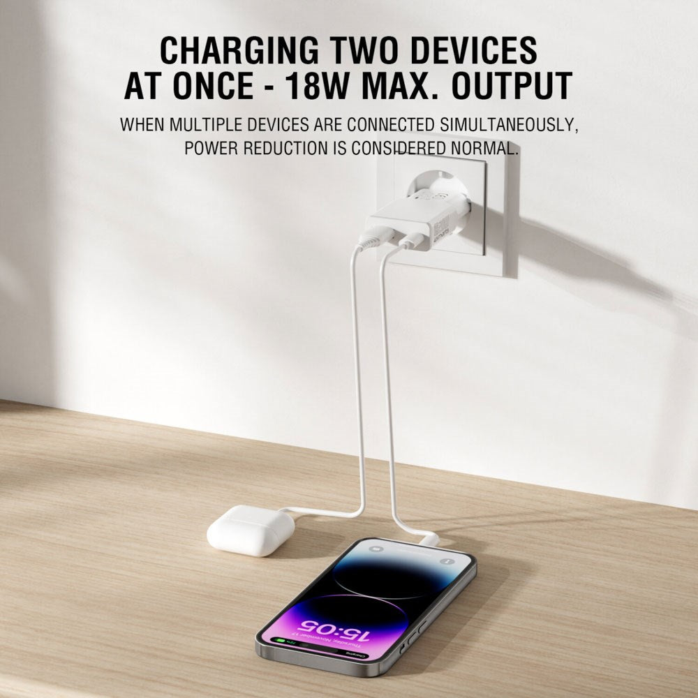 4smarts PDPlug Slim 20W Vegglader med 1 x USB-A & 1 x USB-A & Innebygd USB-C-Kabel - Hvit