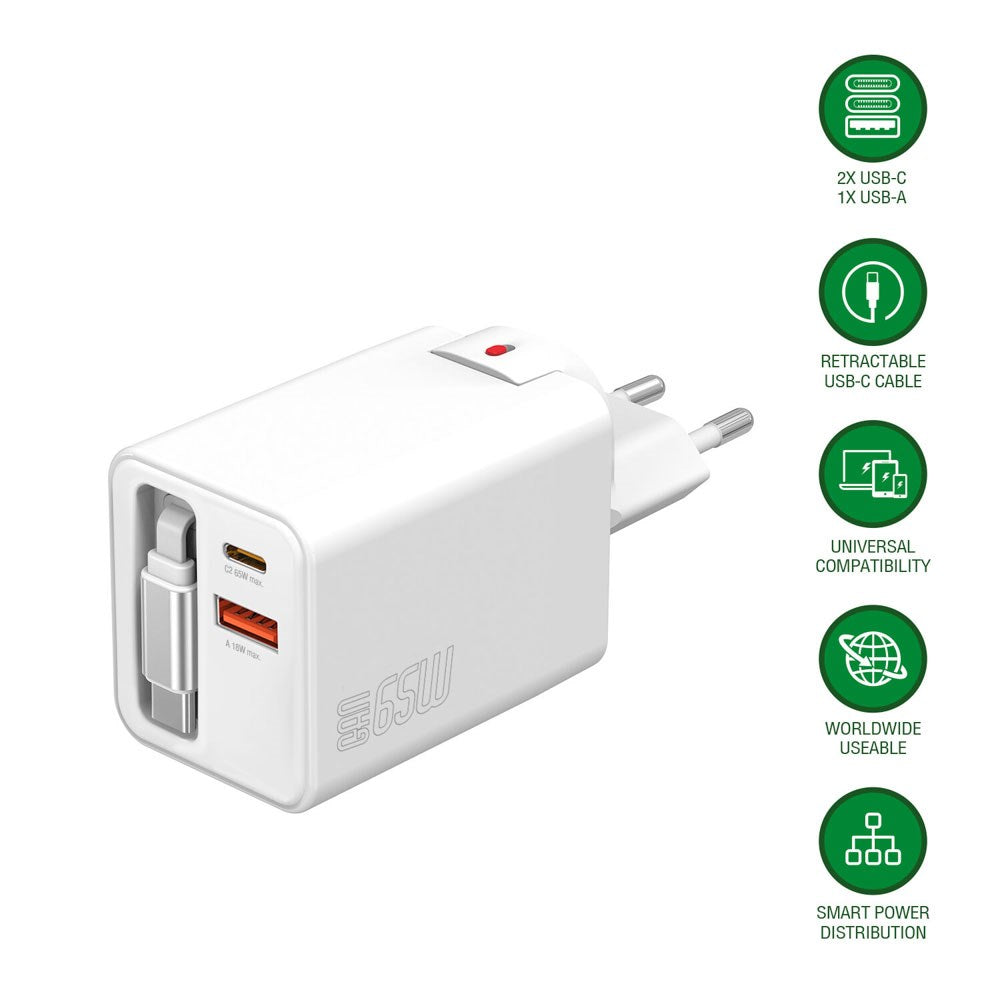 4smarts 65W Flex Jojo Vegglader med EU / US-plugg - 1 x USB-A - 1 x USB-C - 1 x USB-C Kabel - Hvit