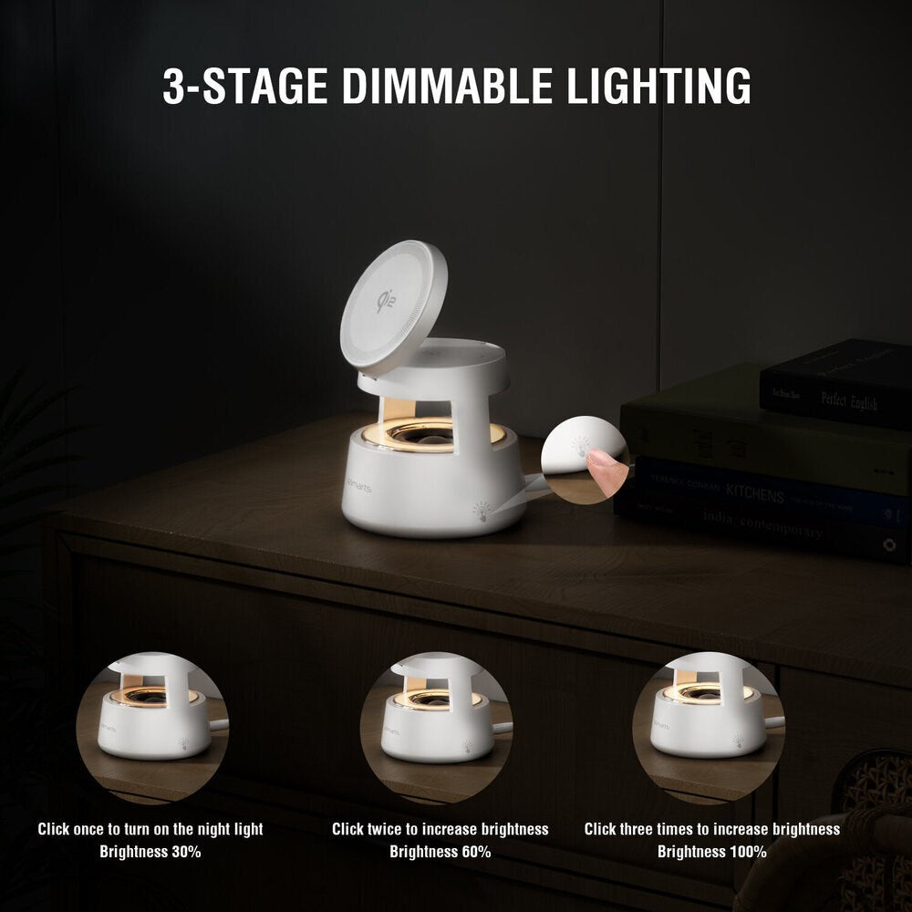 4smarts 3-i-1 Trådløs Lader med Innebygd Lys & Bluetooth for Smarttelefon / Smartklokke / AirPods - MagSafe / Qi2 Kompatibel - Hvit