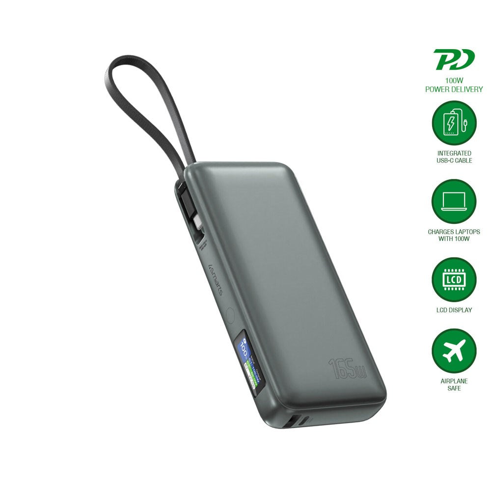 4smarts Enterprise 20 000 mAh 165 W Powerbank med Innebygd USB-C-Kabel – Grå