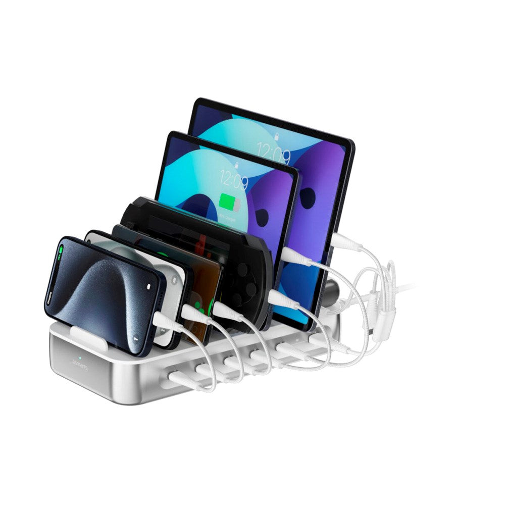 4smarts Ladestasjon m. 9 Lademuligheter - 5x USB-C Kabel & 1x 4-i-1 Multikabel - 100W - Sølv