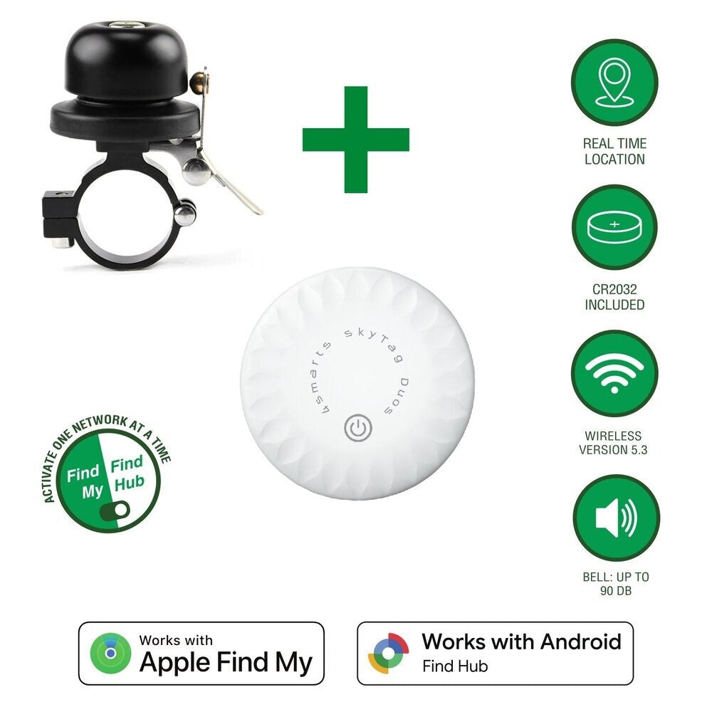 4smarts SkyTag GPS-Tracker inkl. Ringeklokke for Sykkel - Apple Find My & Android Find Hub - Hvit / Svart