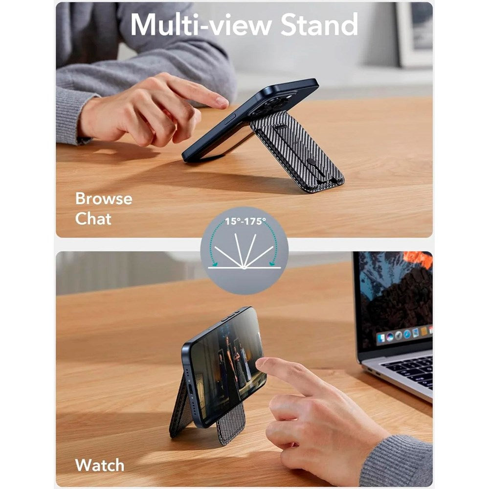 ESR GripWallet Kortholder m. Ståfunksjon - MagSafe Kompatibel - Svart Karbon