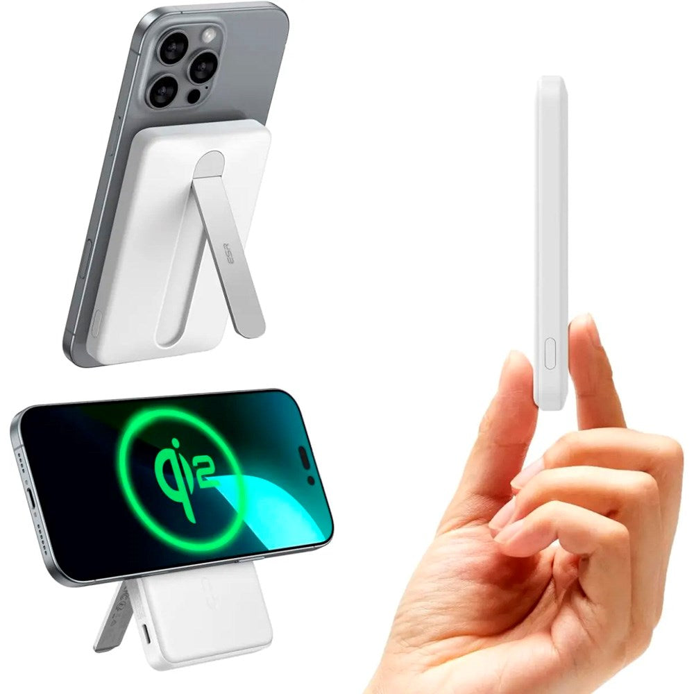 ESR Qi2 MagSlim PowerBank m. Kickstand - 15W / 5000 mAh - MagSafe Kompatibel - Hvit