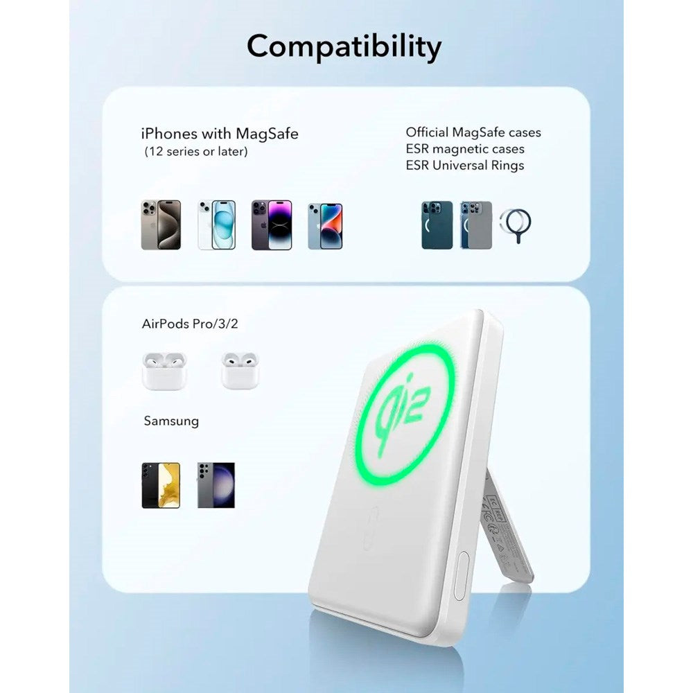 ESR Qi2 MagSlim PowerBank m. Kickstand - 15W / 5000 mAh - MagSafe Kompatibel - Hvit