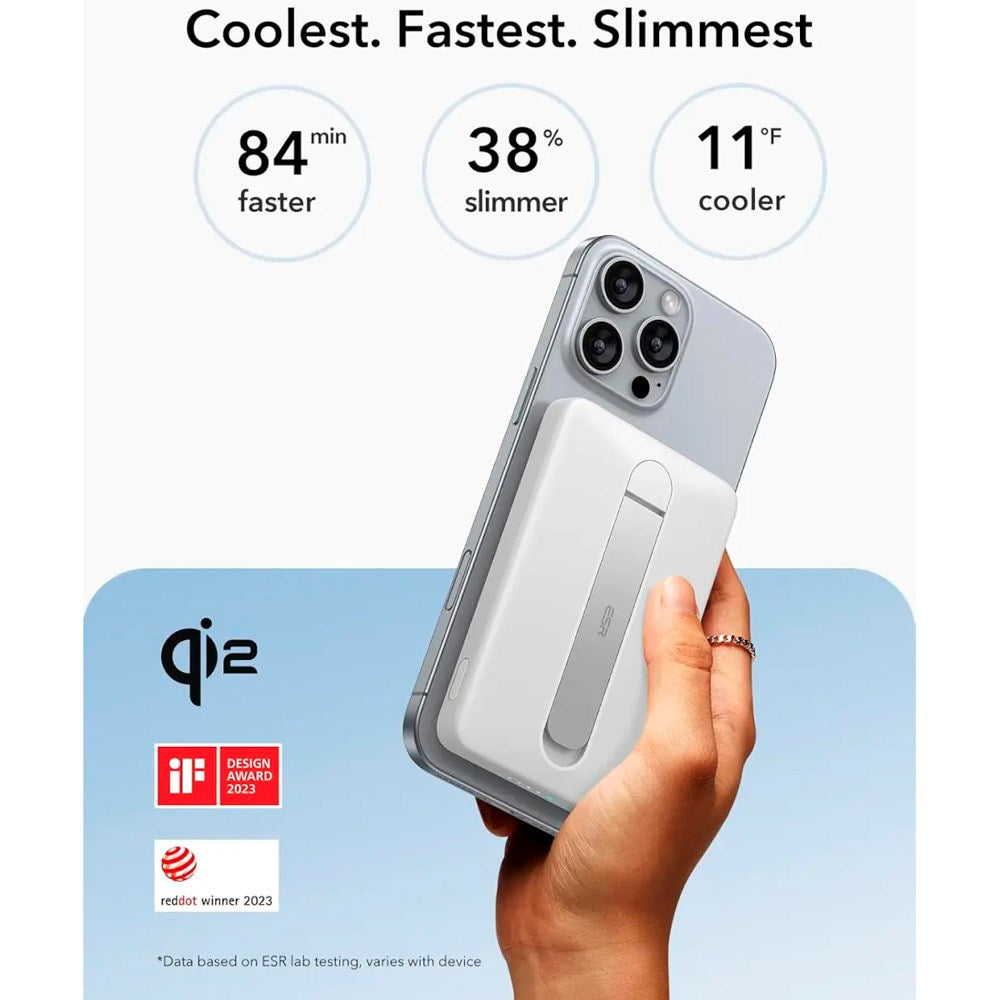 ESR Qi2 MagSlim PowerBank m. Kickstand - 15W / 5000 mAh - MagSafe Kompatibel - Hvit