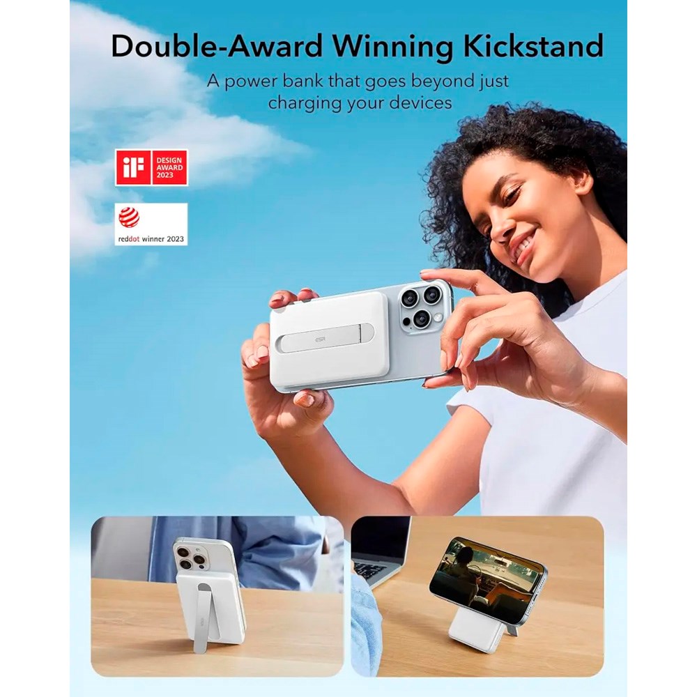 ESR Qi2 MagSlim PowerBank m. Kickstand - 15W / 5000 mAh - MagSafe Kompatibel - Hvit