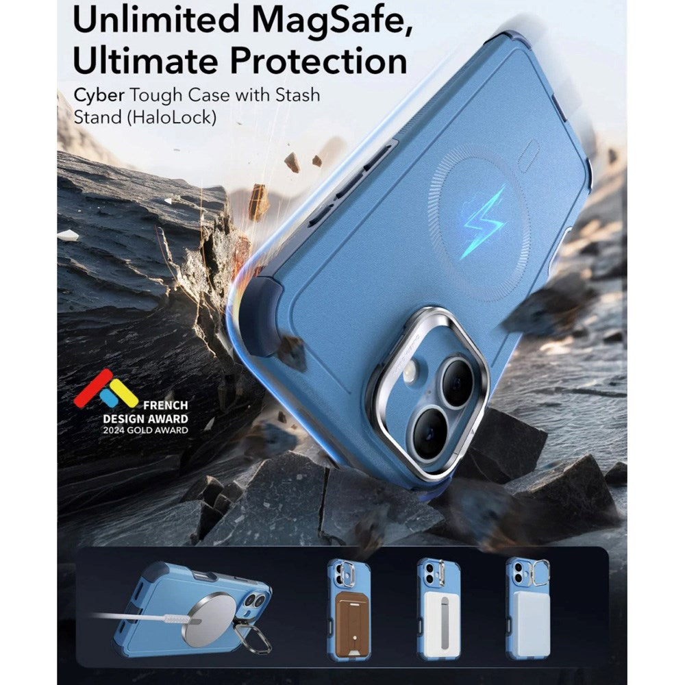 ESR iPhone 16 Cyber Armor Deksel med Kickstand - MagSafe Kompatibel - Blå