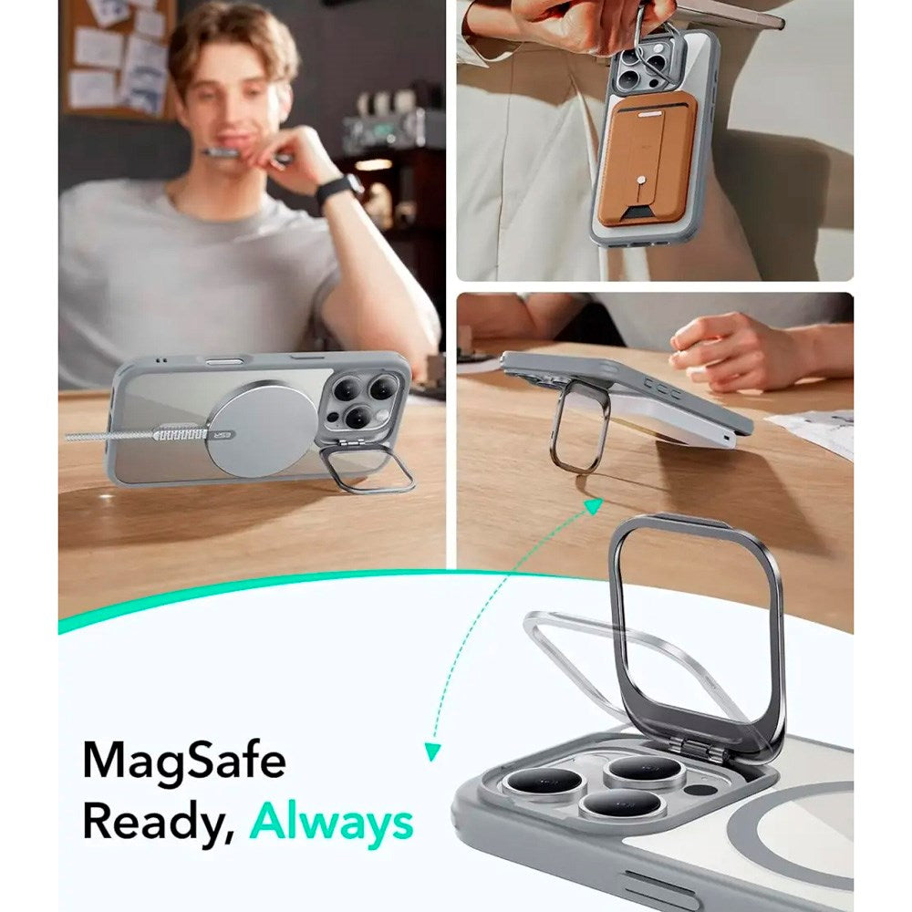 ESR iPhone 16 Pro Classic Hybrid Deksel m. Kickstand - MagSafe Kompatibel - Gjennomsiktig / Grå
