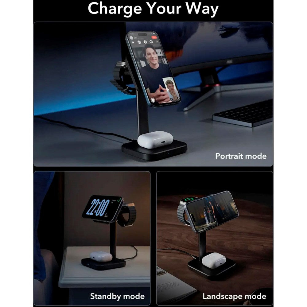 ESR 3-i-1 Qi2 Trådløs Lader med Avtakbar Apple Watch Lader - MagSafe Kompatibel - Svart