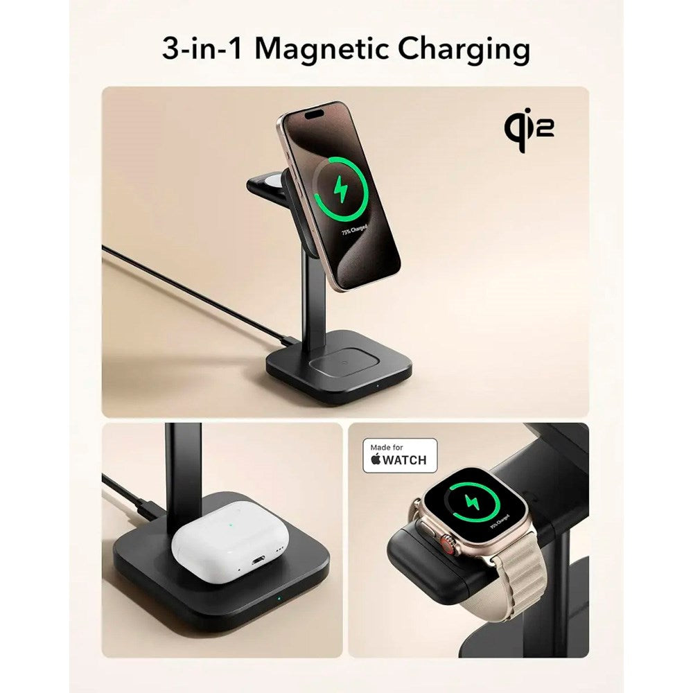 ESR 3-i-1 Qi2 Trådløs Lader med Avtakbar Apple Watch Lader - MagSafe Kompatibel - Svart