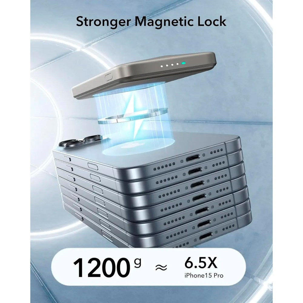 ESR Qi2 MagSlim PowerBank m. Kickstand - 15W / 5000 mAh - MagSafe Kompatibel - Titanium