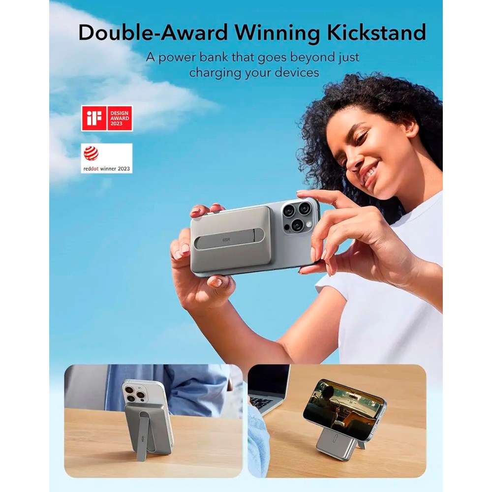ESR Qi2 MagSlim PowerBank m. Kickstand - 15W / 5000 mAh - MagSafe Kompatibel - Titanium