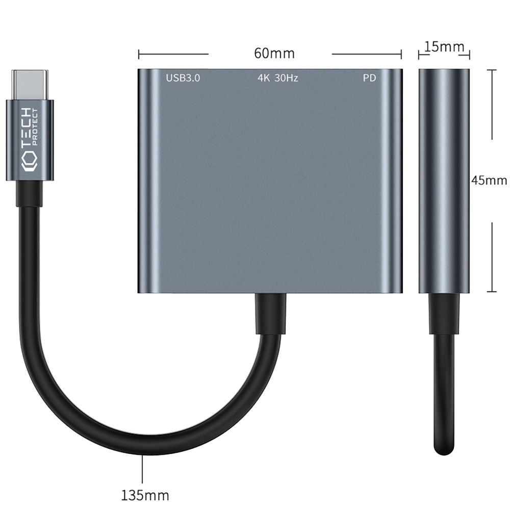 Tech-Protect 3-i-1 USB-C Multiport V1-hub - USB-A / USB-C / HDMI - Grå