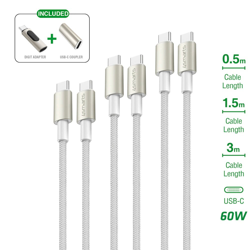 4smarts USB-C til USB-C 60W PremiumCord - 3x USB-C til USB-C-kabel med USB-C-adapter og forlenger - Hvit