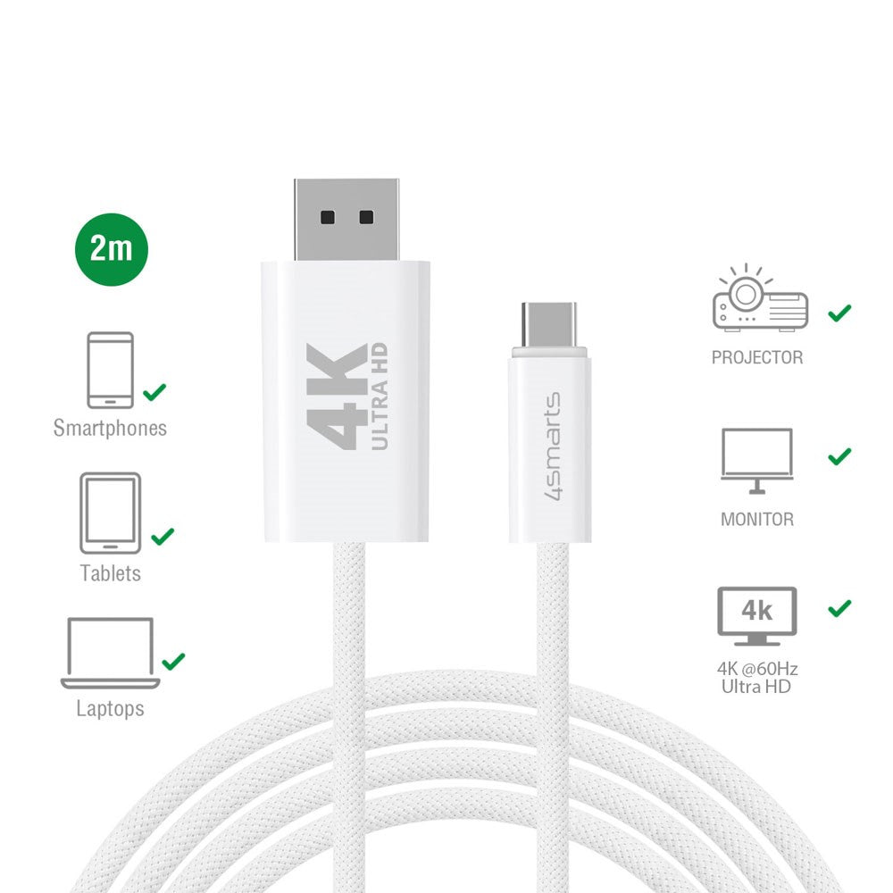 4smarts USB-C til DisplayPort Kabel - 2m - Hvit