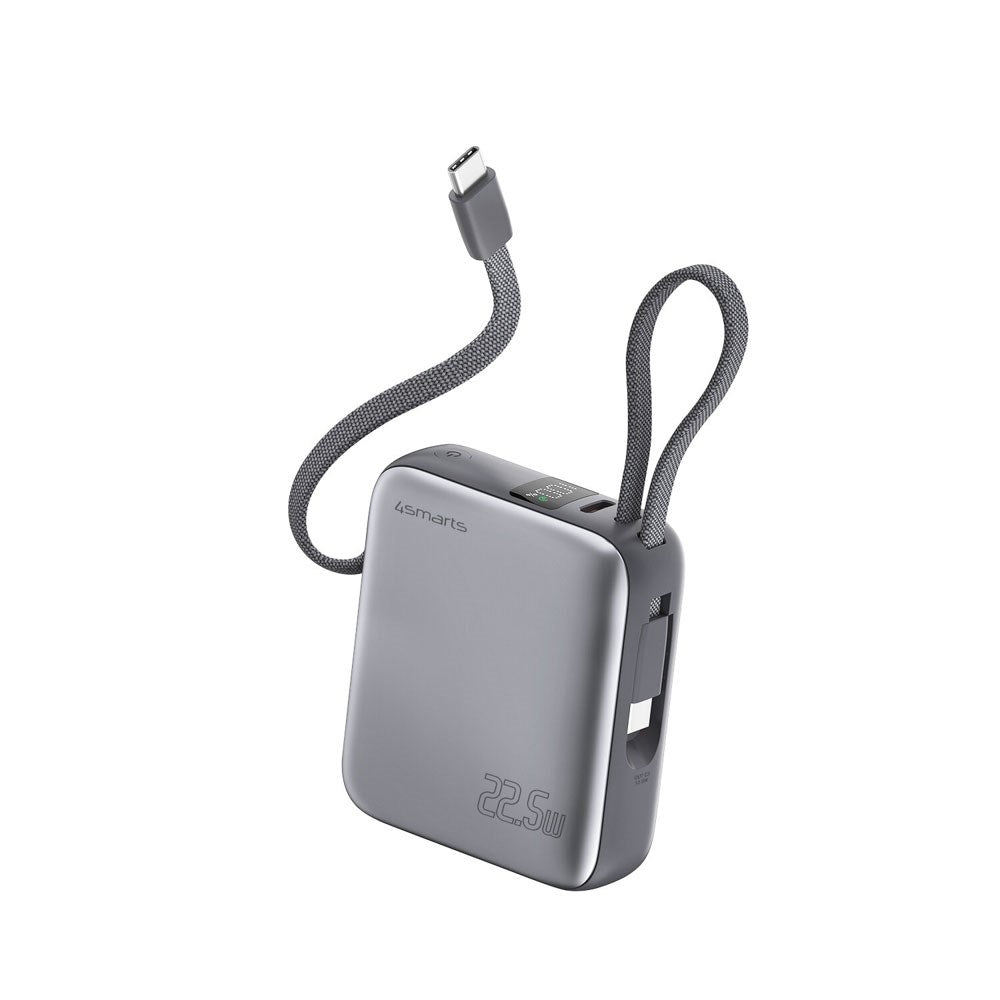 4smarts Pocket Dual Cord 22.5W PowerBank m. Innebygd USB-C Kabel - 10.000 mAh - Space Grey