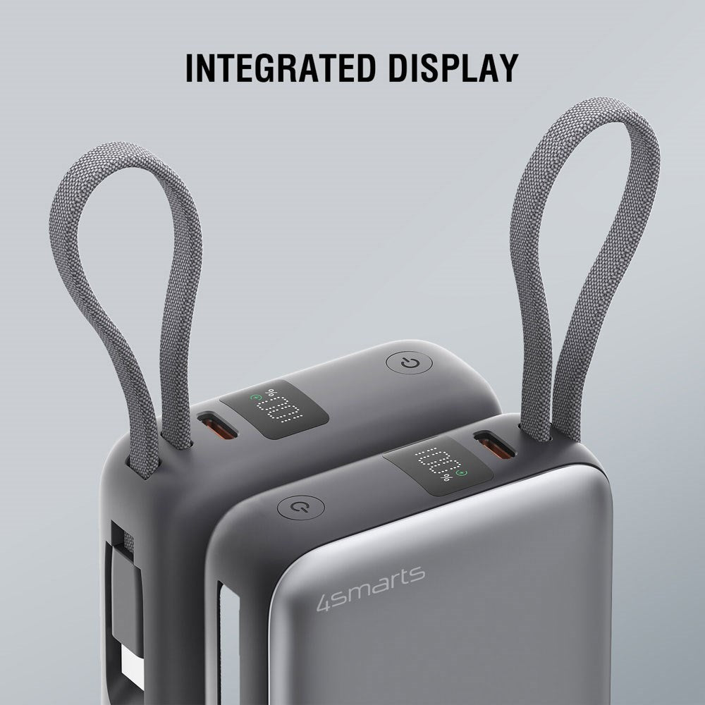 4smarts Pocket Dual Cord 22.5W PowerBank m. Innebygd USB-C Kabel - 10.000 mAh - Space Grey