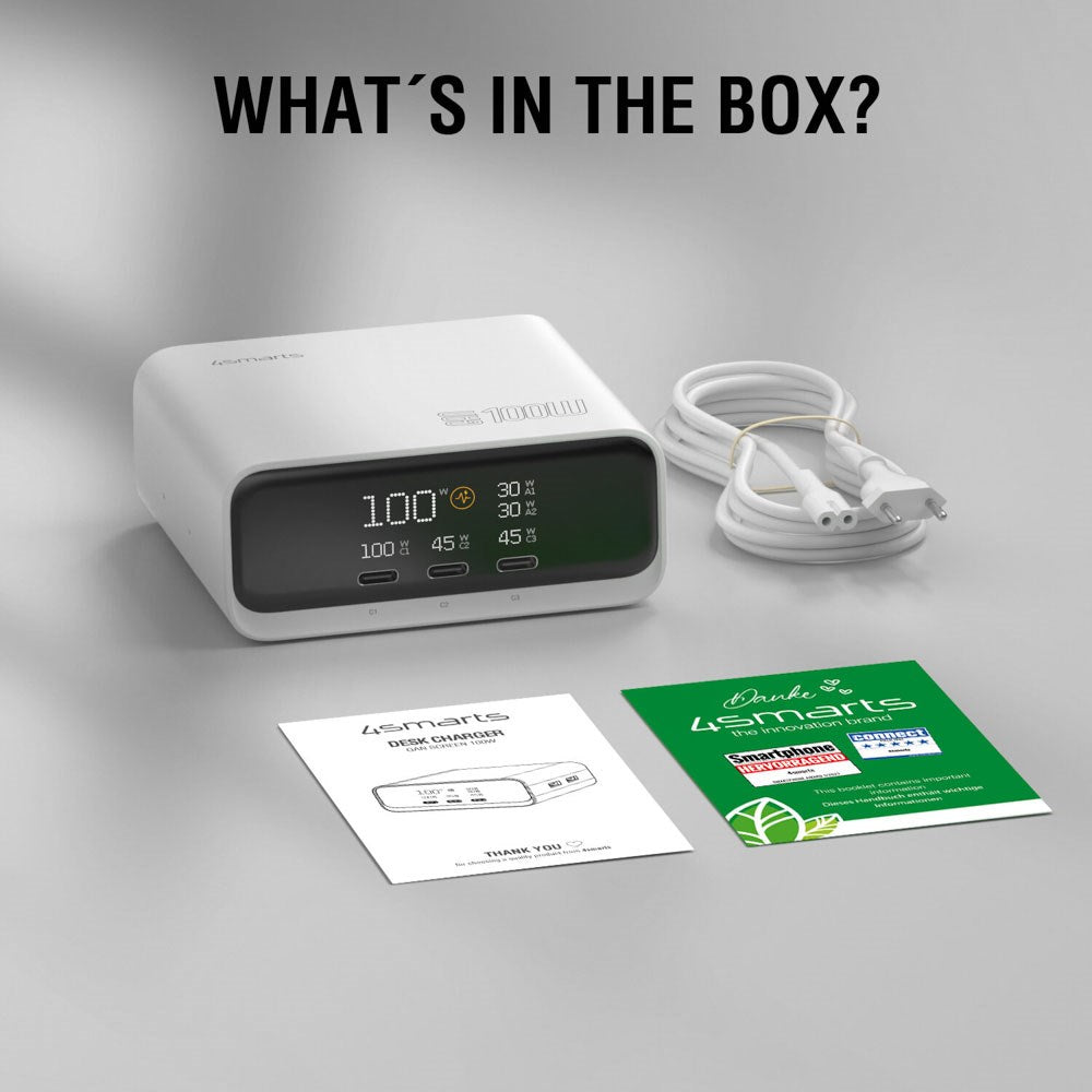 4smarts GaN Bordlader m. Skjerm - 100W / 3x USB-C & 2x USB-A - Hvit
