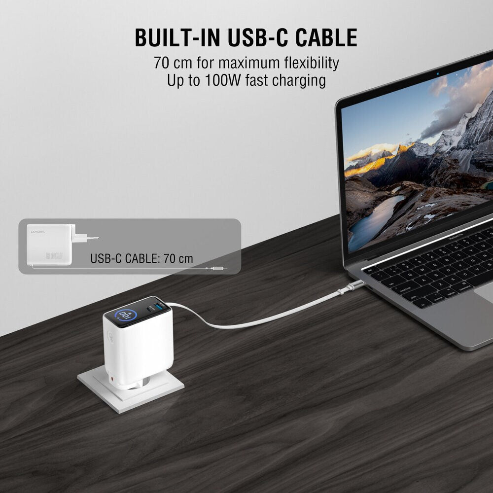 4smarts GaN 100W Vegglader med Skjerm - Innebygd USB-C Kabel - 1 x USB-A - 1 x USB-C - Hvit