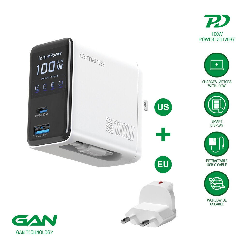 4smarts GaN 100W Vegglader med Skjerm - Innebygd USB-C Kabel - 1 x USB-A - 1 x USB-C - Hvit