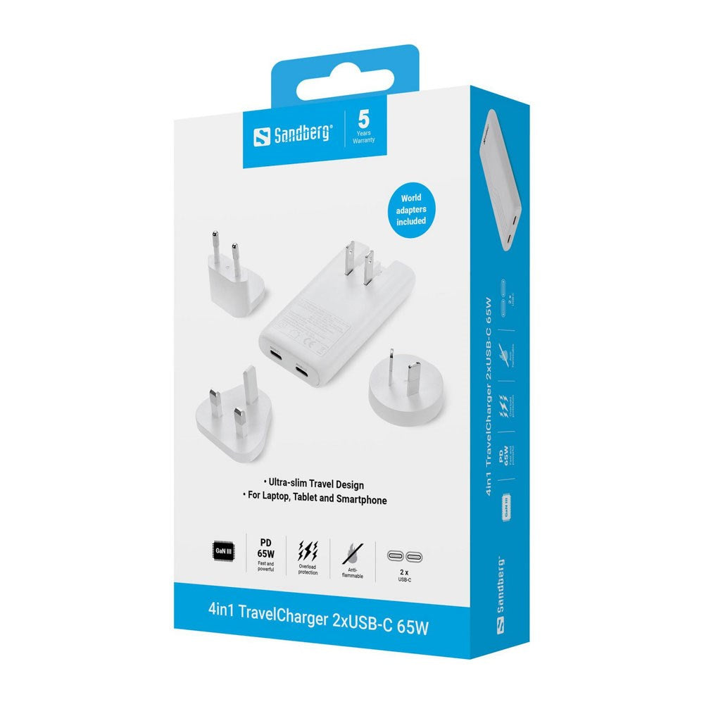 Sandberg 4-i-1 65W Reiselader m. 2x USB-C – EU / UK / AUS - Hvit