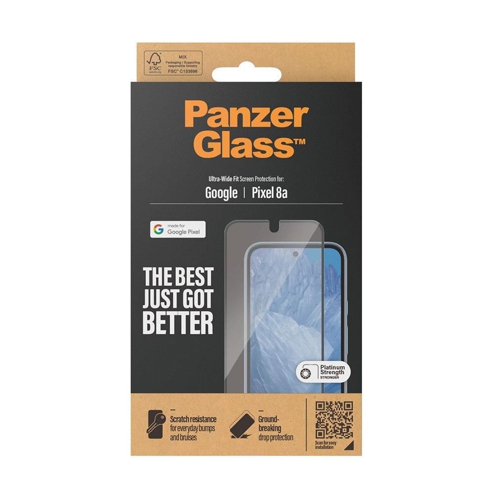 Google Pixel 8a PanzerGlass Ultra Wide Fit Skjermbeskyttelsesglass - Platinum Strength - Svart Kant