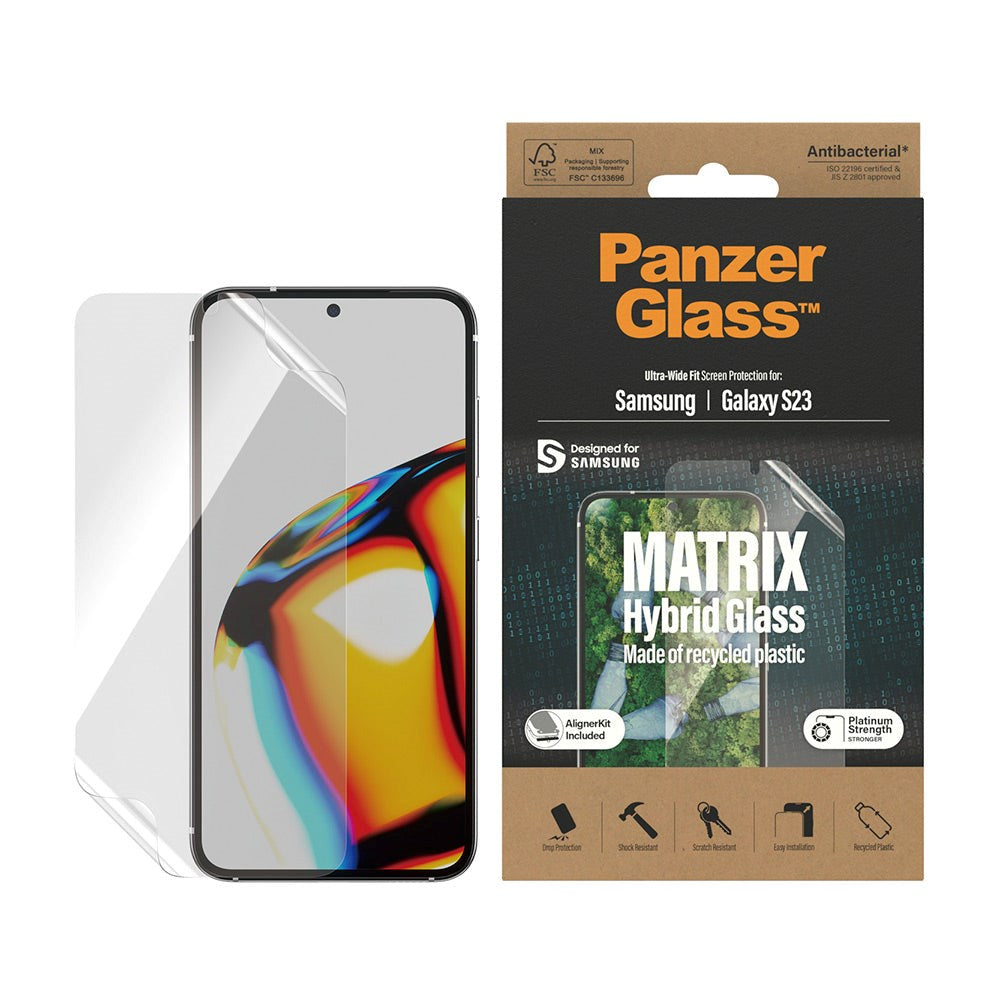 Samsung Galaxy S23 PanzerGlass Matrix Hybrid Glass AntiBacterial Ultra Wide Fit Skjermbeskyttelse - AlignerKit - Platinum Strength - Transparent