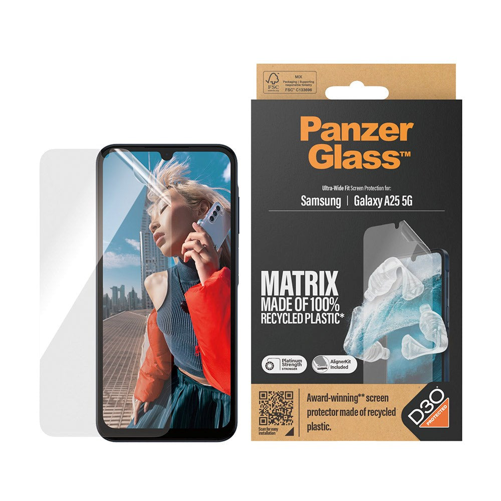 Samsung Galaxy A25 (5G) PanzerGlass Matrix AntiBacterial Ultra Wide Fit Skjermbeskyttelse - AlignerKit - Platinum Strength - Gjennomsiktig