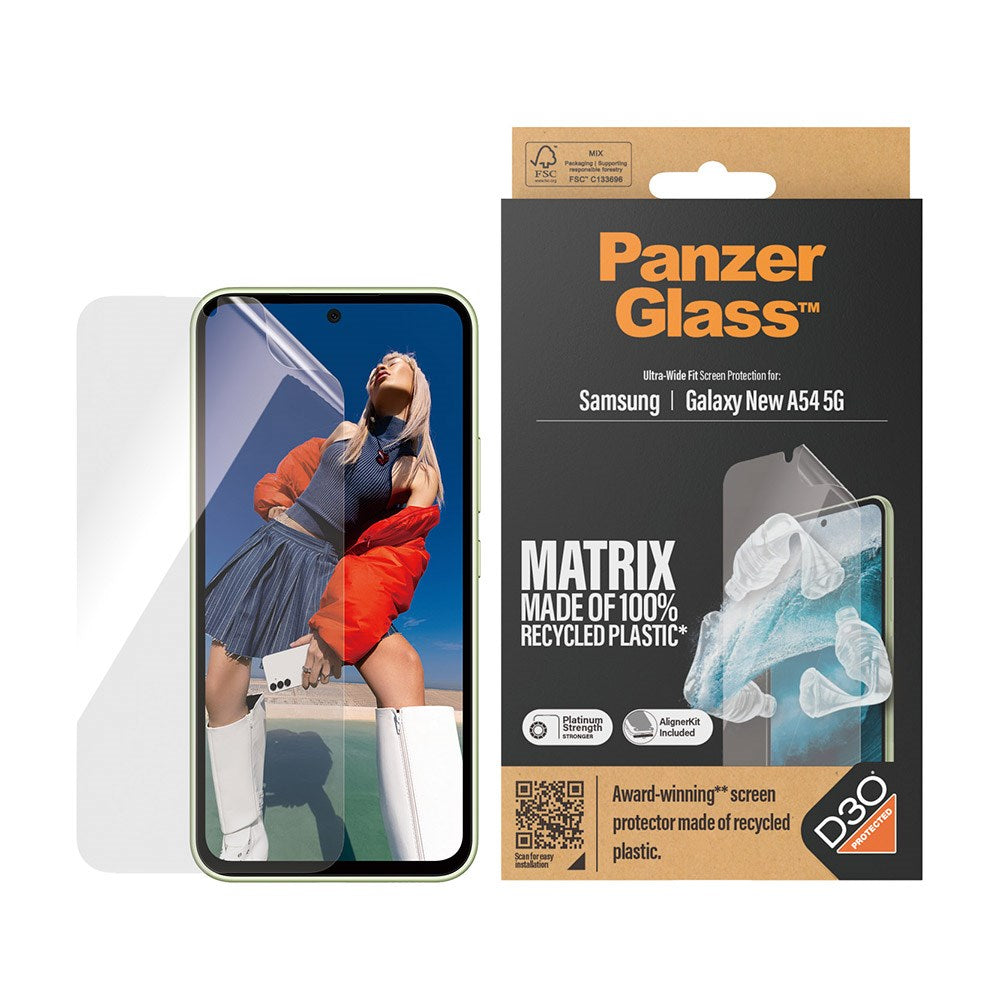 Samsung Galaxy A55 (5G) PanzerGlass Matrix AntiBacterial Ultra Wide Fit Skjermbeskyttelse - AlignerKit - Platinum Strength - Gjennomsiktig