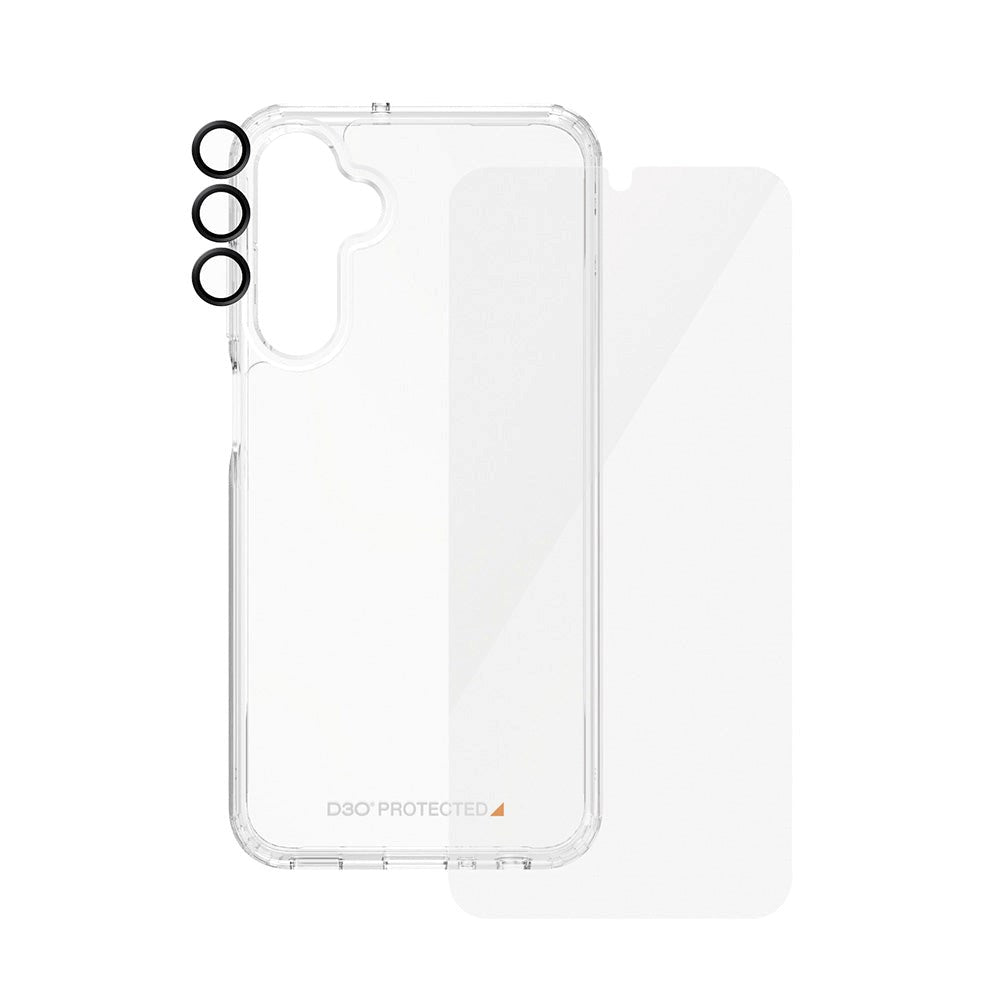 Samsung Galaxy A25 (5G) PanzerGlass 3-i-1-Bundle m. EasyAligner - Skjermbeskyttelse (UWF) / D3O Bio Hardcase-deksel / Hoops Kamerabeskyttelse - Gjennomsiktig / Svart