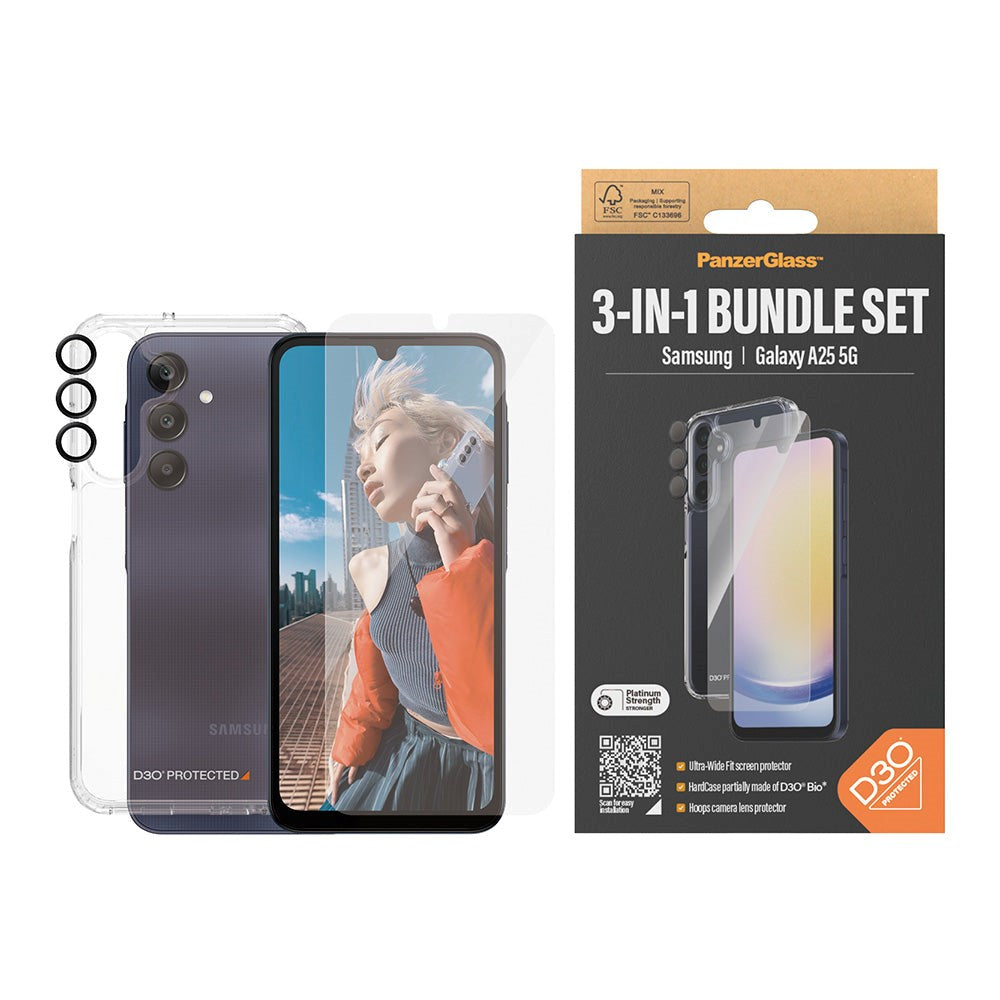Samsung Galaxy A25 (5G) PanzerGlass 3-i-1-Bundle m. EasyAligner - Skjermbeskyttelse (UWF) / D3O Bio Hardcase-deksel / Hoops Kamerabeskyttelse - Gjennomsiktig / Svart