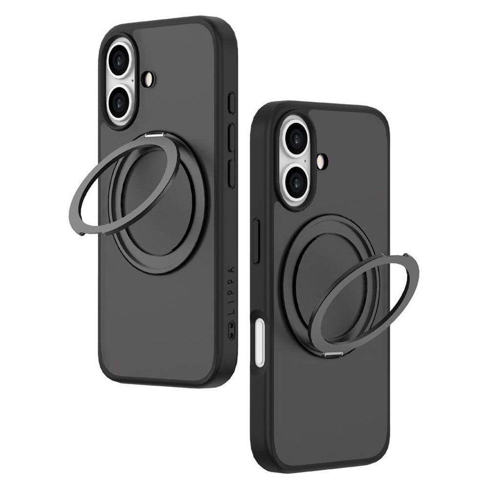iPhone 16 Lippa Hybrid Plast Deksel med 360 Roterende Kickstand – MagSafe Kompatibelt – Matt / Svart