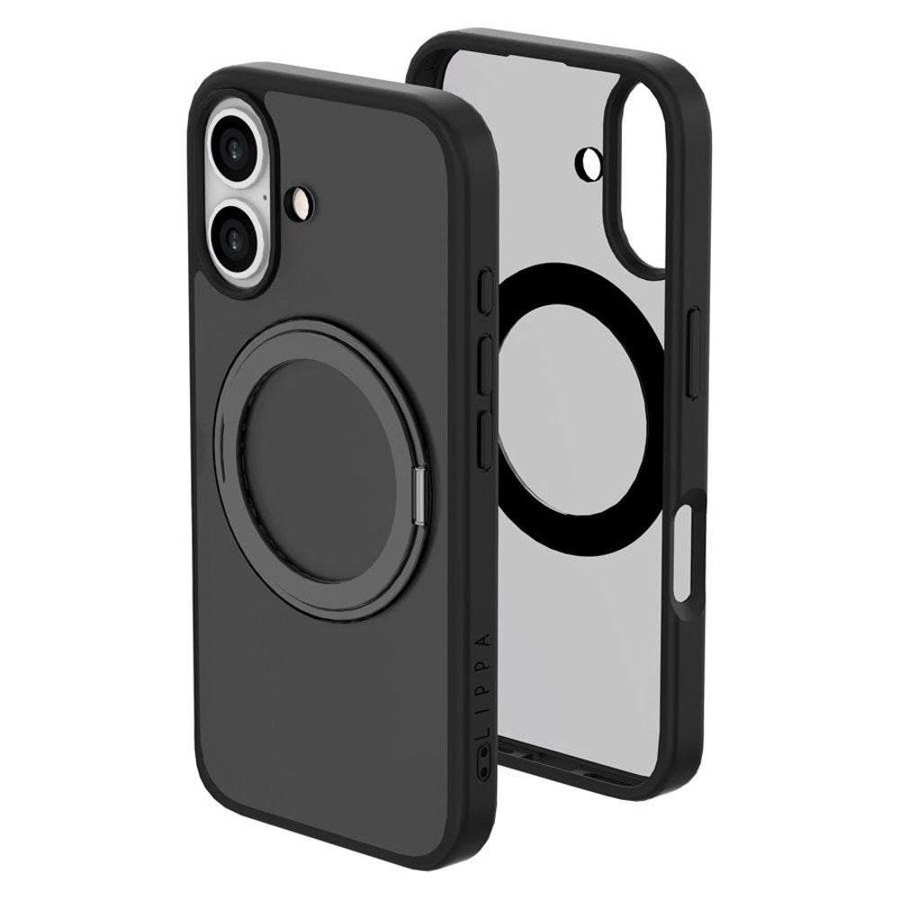 iPhone 16 Lippa Hybrid Plast Deksel med 360 Roterende Kickstand – MagSafe Kompatibelt – Matt / Svart