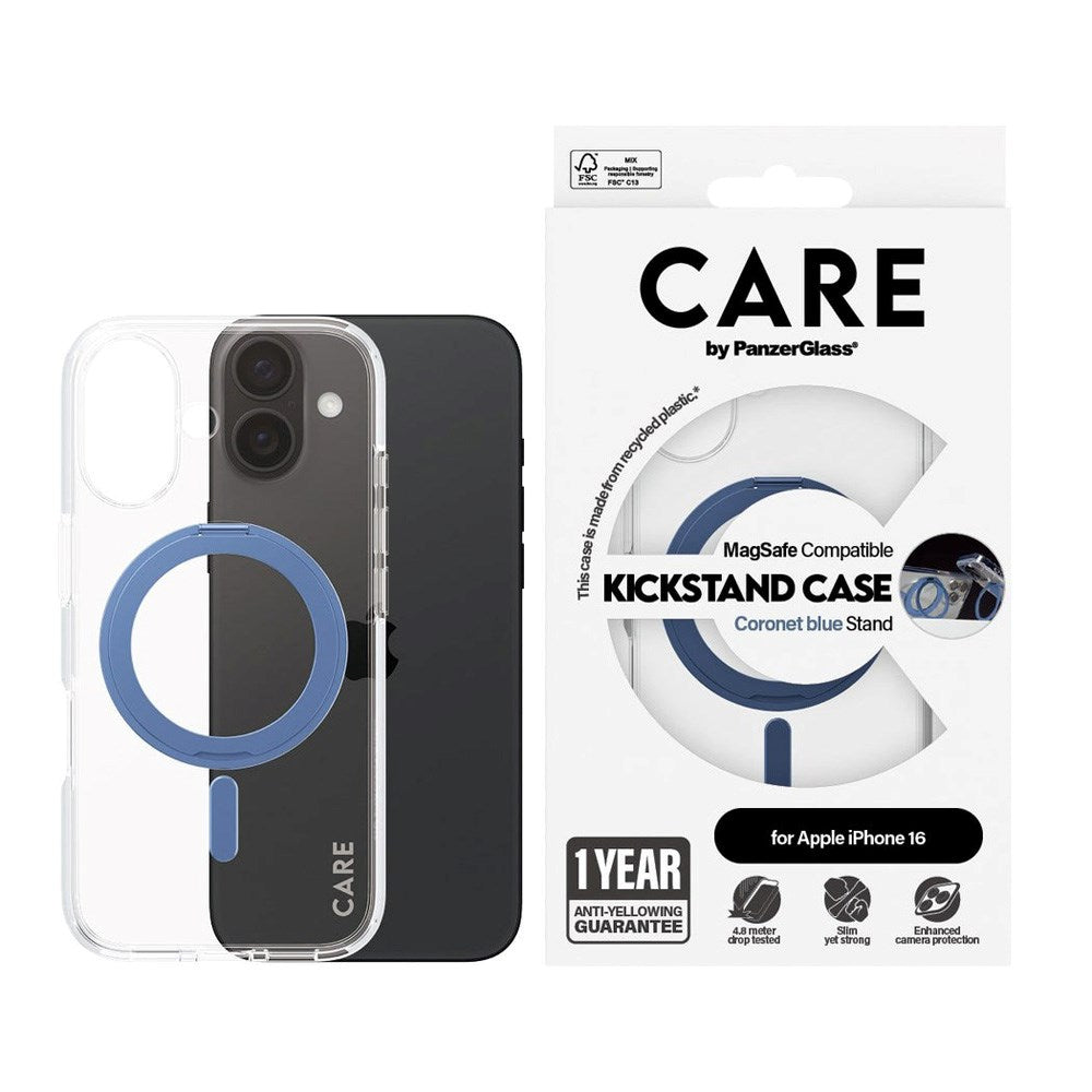CARE by PanzerGlass iPhone 16 Feature Kickstand Deksel - MagSafe Kompatibel - Transparent / Coronet Blue
