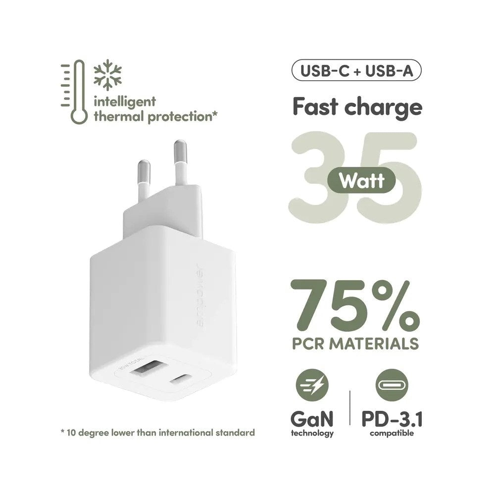 empower by PanzerGlass Turbo 35W Vegglader m. 1x USB-A & 1x USB-C – Silver White