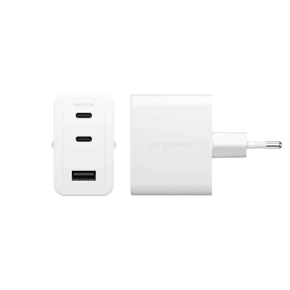empower by PanzerGlass Turbo 70W Vegglader m. 1x USB-A & 2x USB-C - Silver White