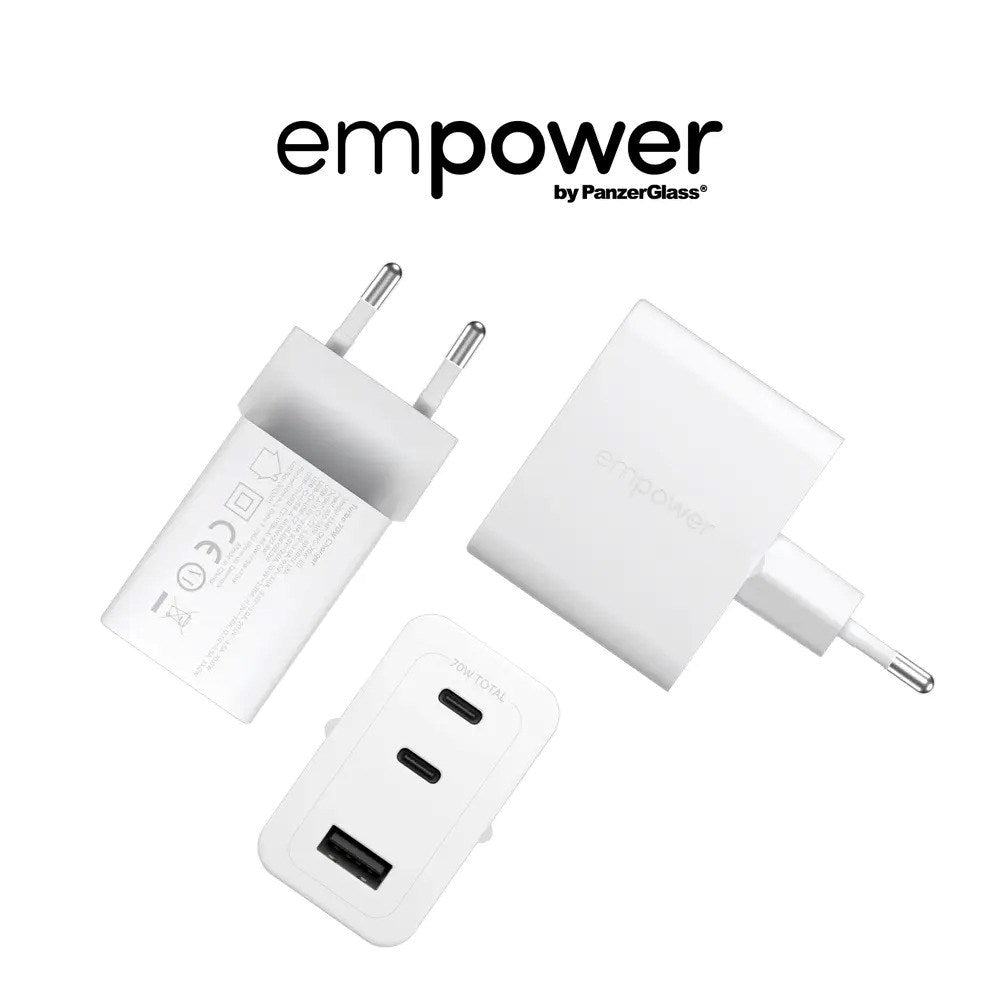empower by PanzerGlass Turbo 70W Vegglader m. 1x USB-A & 2x USB-C - Silver White