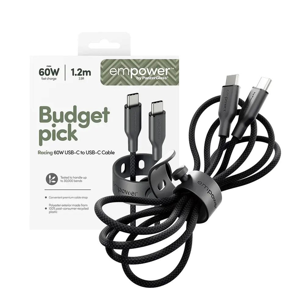 empower by PanzerGlass Racing 60W USB-C til USB-C Kabel – 1.2m – Space Black