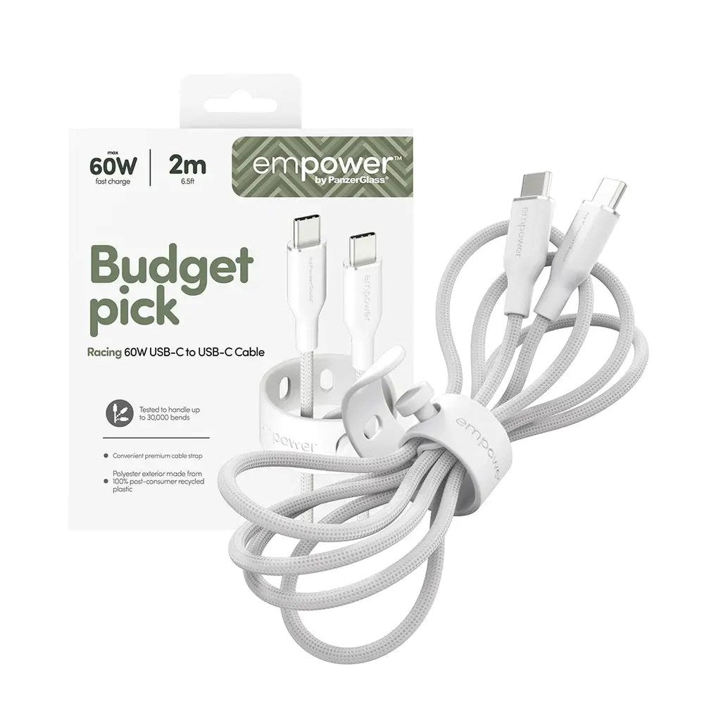 empower by PanzerGlass Racing 60W USB-C til USB-C Kabel – 2m – Silver White
