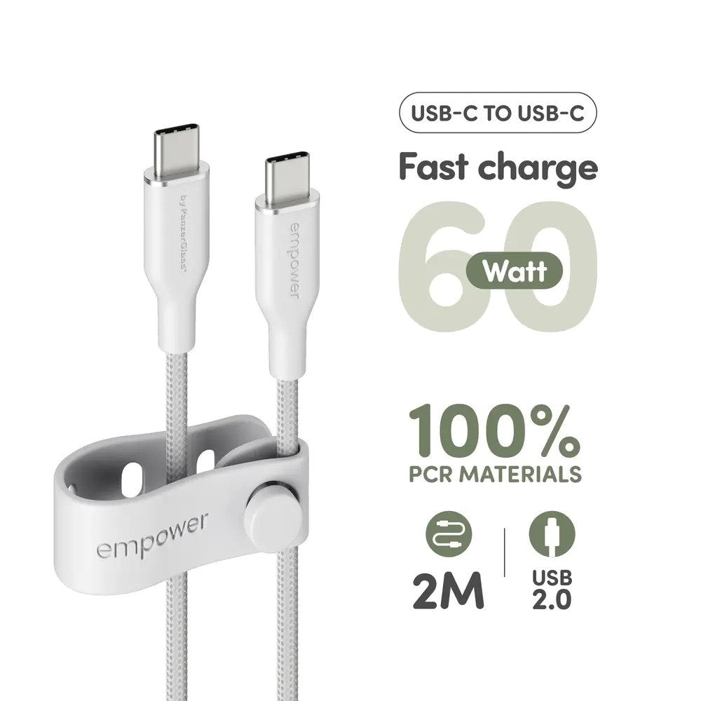empower by PanzerGlass Racing 60W USB-C til USB-C Kabel – 2m – Silver White