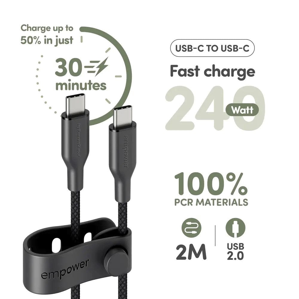 empower by PanzerGlass Racing 240W USB-C til USB-C Kabel – 2m – Space Black