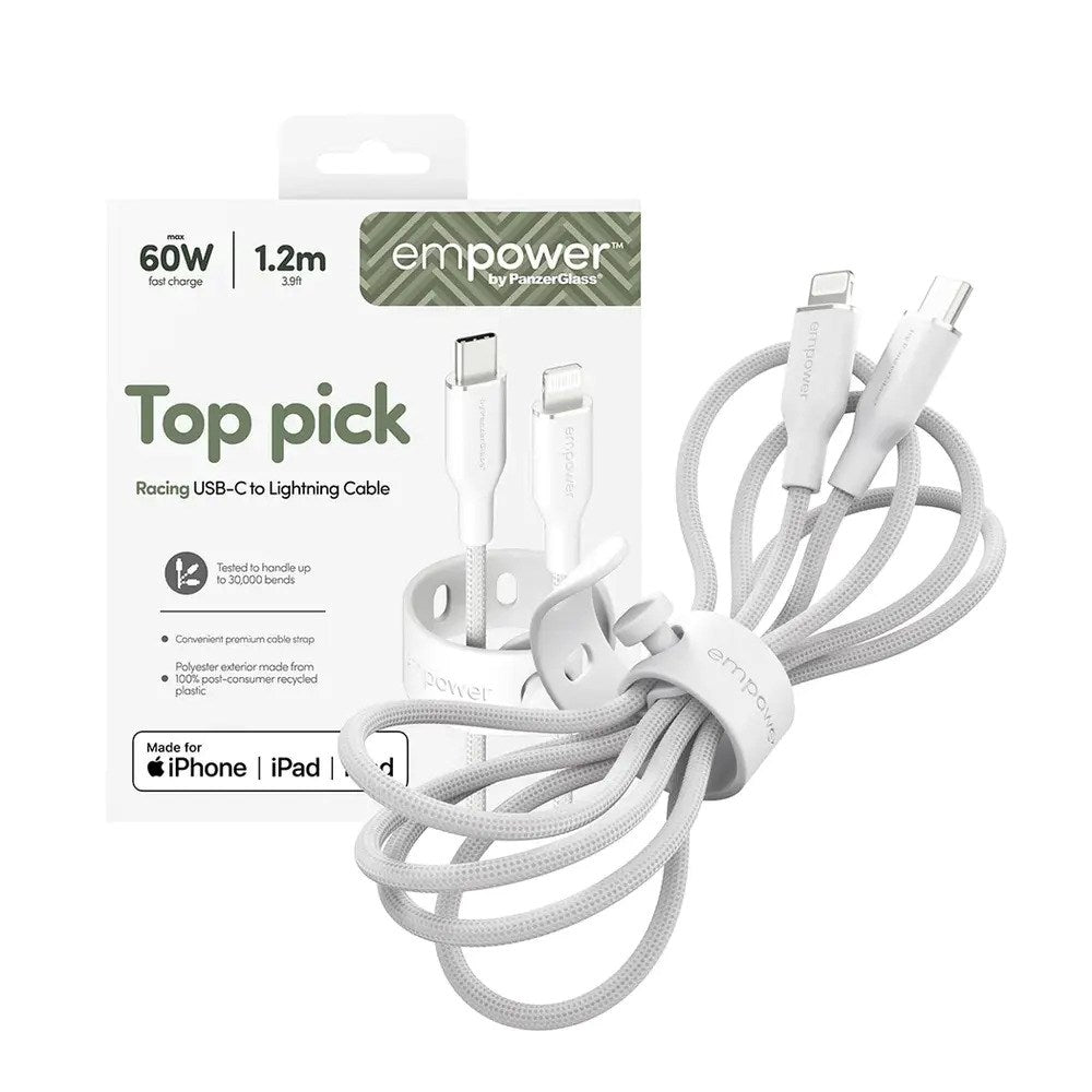 empower by PanzerGlass Racing 60W USB-C til Lightning Kabel – 1.2m – Silver White