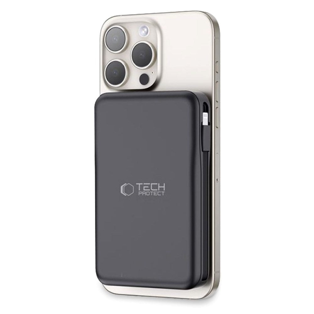 Tech-Protect LifeMag 10 000 mAh PowerBank med Integrert USB-C og Lightning Kabel og USB-A og USB-C Plugg - MagSafe Kompatibel - Svart