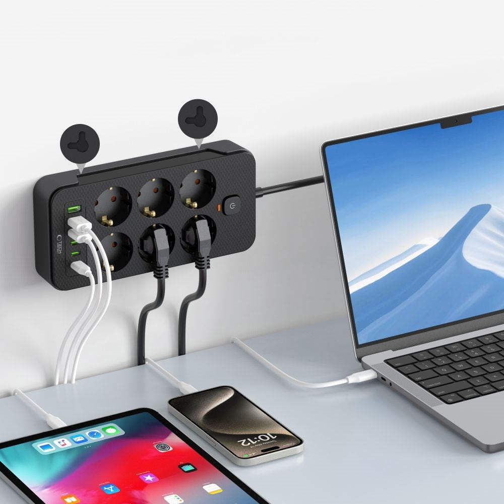 Tech-Protect Multifunksjonell Strømskinne med 6 x Uttak / 3 x USB-A / 3 x USB-C - 2m - Svart