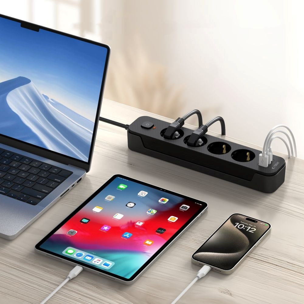 Tech-Protect Multifunksjonell Strømskinne med 4 x Uttak / 2 x USB-A / 1 x USB-C - 2m - Svart