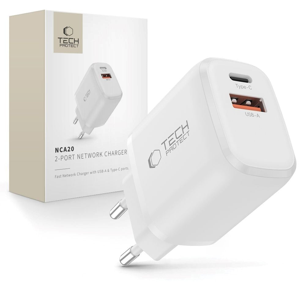 Tech-Protect NCA20 Vegglader med 20W - 1 x USB-A & 1 x USB-C - Hvit