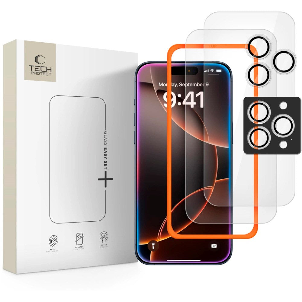 iPhone 17 Pro / 16 Pro Tech-Protect Easy Set+ Beskyttelsessett m. Skjermbeskyttelsesglass & Kameralinsebeskyttelsesglass - Gjennomsiktig