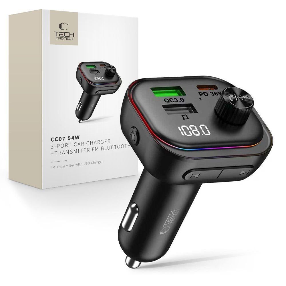 Tech-Protect Billader m. USB-A & USB-C / FM Bluetooth Transmitter - Svart
