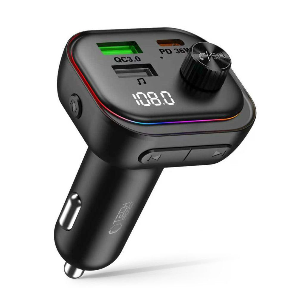 Tech-Protect Billader m. USB-A & USB-C / FM Bluetooth Transmitter - Svart